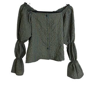 Kastane Japan Top Womens Medium Green Off Shoulder Gingham Green Olive Button